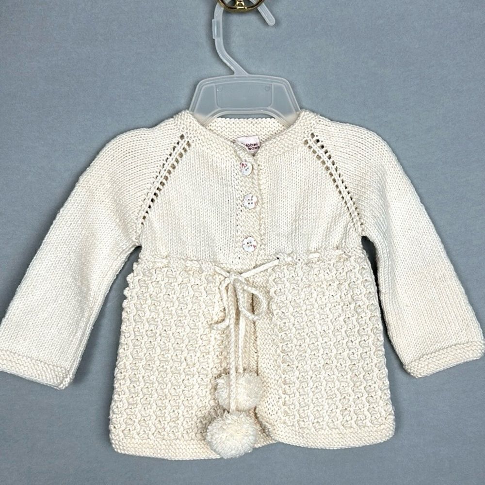 Baby Girl Knit Cardigan by Beberavi Merino Wool Cream Pom Pom Tie NWT 6 months